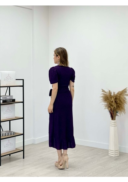 Ithal Simli Kumaş Kuşak Detaylı Midiboy Elbise - Patlıcan Mor indirimleri