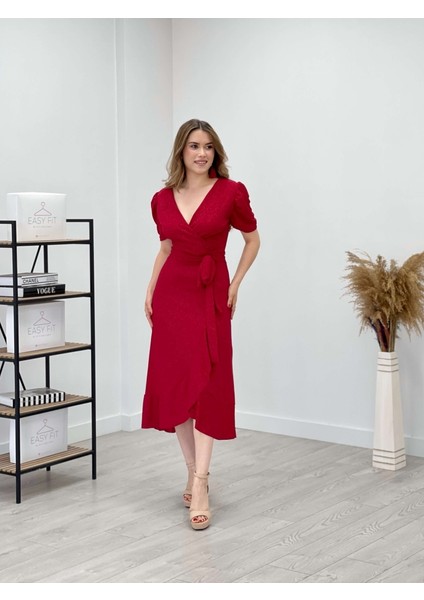 Ithal Simli Kumaş Kuşak Detaylı Midiboy Elbise - Kırmızı