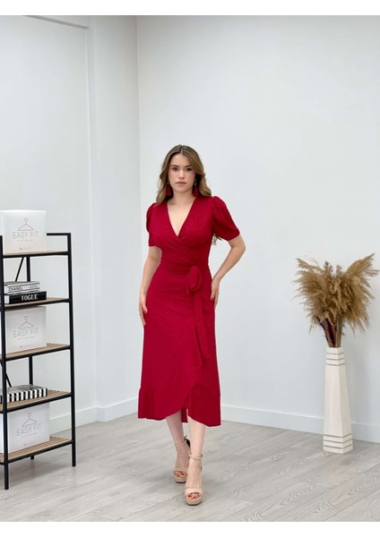 Ithal Simli Kumaş Kuşak Detaylı Midiboy Elbise - Kırmızı fiyatları
