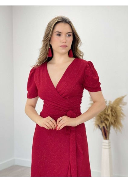 Ithal Simli Kumaş Kuşak Detaylı Midiboy Elbise - Kırmızı modelleri