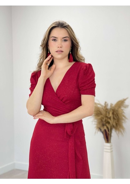 Ithal Simli Kumaş Kuşak Detaylı Midiboy Elbise - Kırmızı fırsatları