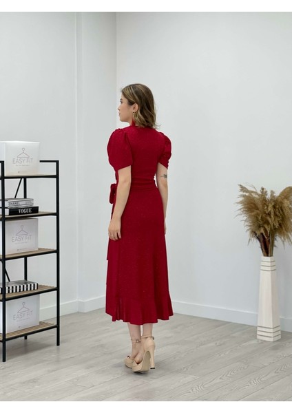 Ithal Simli Kumaş Kuşak Detaylı Midiboy Elbise - Kırmızı indirimleri