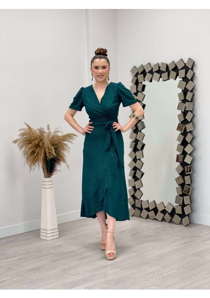 Ithal Simli Kumaş Kuşak Detaylı Midiboy Elbise - Zümrüt Yeşil