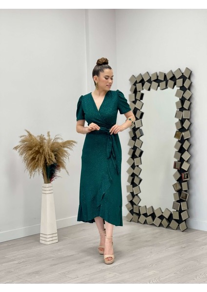 Ithal Simli Kumaş Kuşak Detaylı Midiboy Elbise - Zümrüt Yeşil fiyatları