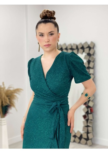 Ithal Simli Kumaş Kuşak Detaylı Midiboy Elbise - Zümrüt Yeşil modelleri