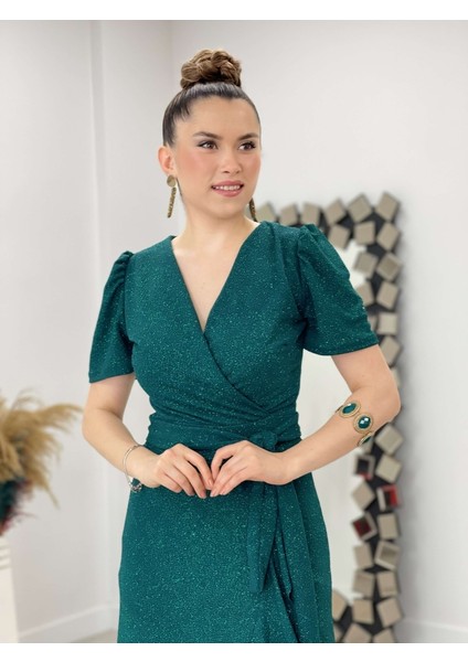 Ithal Simli Kumaş Kuşak Detaylı Midiboy Elbise - Zümrüt Yeşil fırsatları