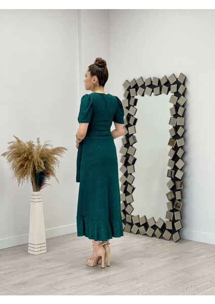 Ithal Simli Kumaş Kuşak Detaylı Midiboy Elbise - Zümrüt Yeşil indirimleri