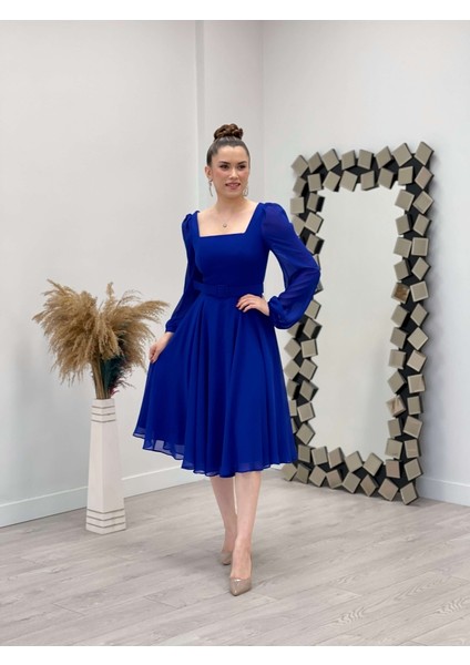 Şifon Krep Kumaş Kare Yaka Midi Elbise - Saks Mavi