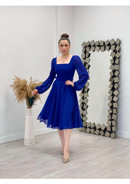 Şifon Krep Kumaş Kare Yaka Midi Elbise - Saks Mavi fiyatları