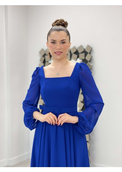 Şifon Krep Kumaş Kare Yaka Midi Elbise - Saks Mavi modelleri