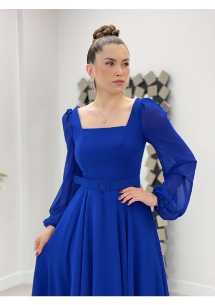 Şifon Krep Kumaş Kare Yaka Midi Elbise - Saks Mavi fırsatları