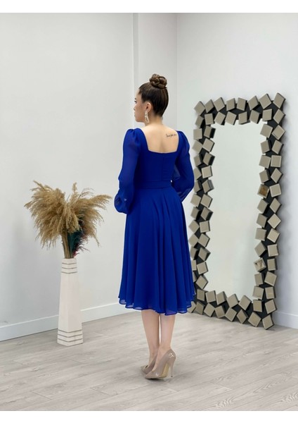 Şifon Krep Kumaş Kare Yaka Midi Elbise - Saks Mavi indirimleri