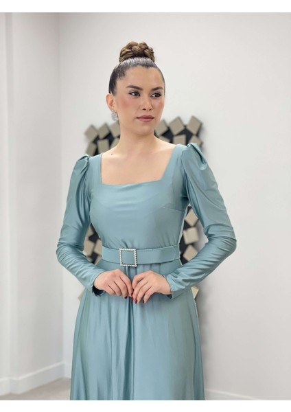 Ithal Krep Saten Kumaş Kare Yaka Kiloş Elbise - Mint Yeşil modelleri