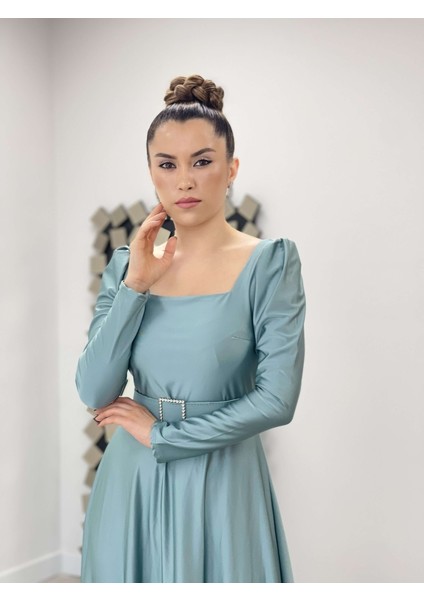 Ithal Krep Saten Kumaş Kare Yaka Kiloş Elbise - Mint Yeşil fırsatları