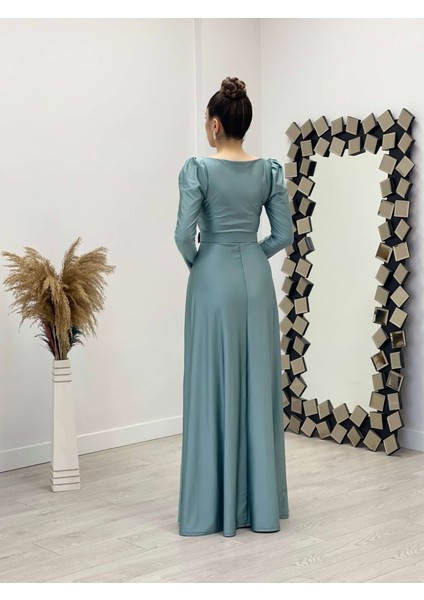 Ithal Krep Saten Kumaş Kare Yaka Kiloş Elbise - Mint Yeşil indirimleri