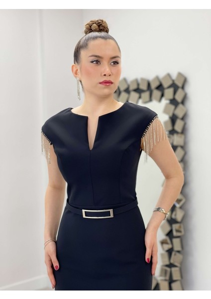 Atlas Kumaş Omuz Taşlı Püsküllü Elbise - Siyah modelleri