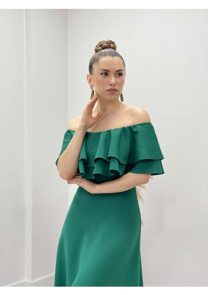 Volanlı Elbise - Zümrüt Yeşil fırsatları