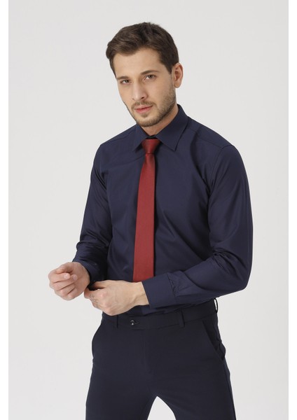 erkek Lacivert Slim Fit Klasik Gömlek