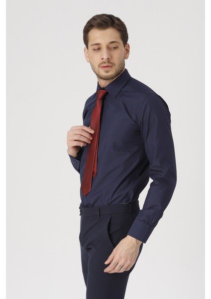 erkek Lacivert Slim Fit Klasik Gömlek