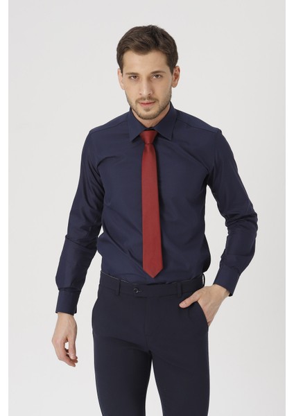 erkek Lacivert Slim Fit Klasik Gömlek