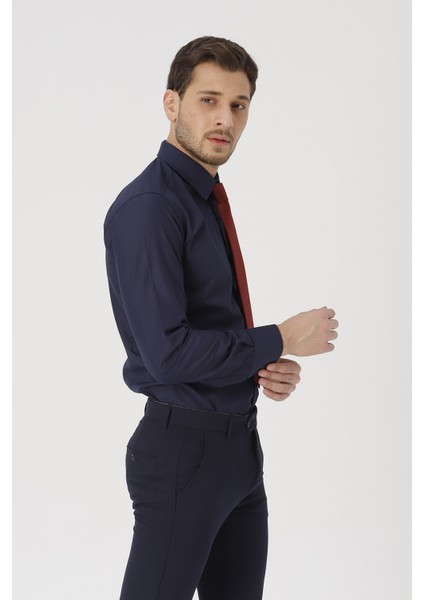 erkek Lacivert Slim Fit Klasik Gömlek