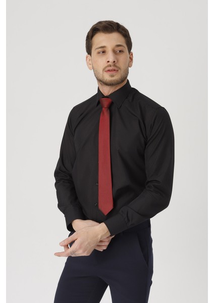 erkek Siyah Slim Fit Klasik Gömlek