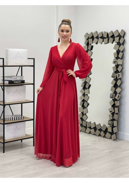 Simli Tül Kumaş Kuşaklı Kiloş Elbise - Kırmızı