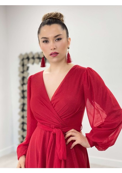 Simli Tül Kumaş Kuşaklı Kiloş Elbise - Kırmızı fırsatları