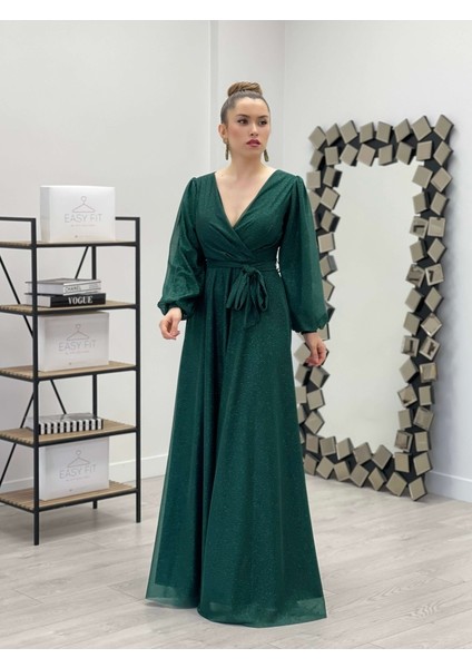 Simli Tül Kumaş Kuşaklı Kiloş Elbise - Zümrüt Yeşil