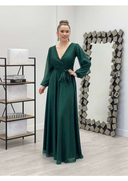 Simli Tül Kumaş Kuşaklı Kiloş Elbise - Zümrüt Yeşil fiyatları