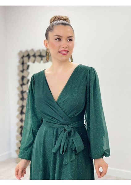 Simli Tül Kumaş Kuşaklı Kiloş Elbise - Zümrüt Yeşil fırsatları
