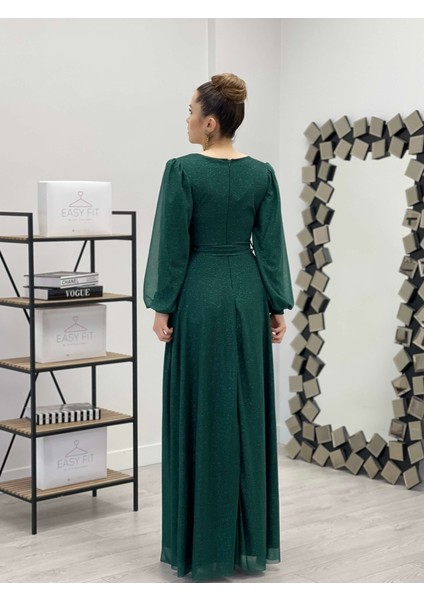 Simli Tül Kumaş Kuşaklı Kiloş Elbise - Zümrüt Yeşil indirimleri