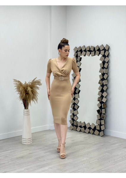 Scuba Kumaş Kemer Detaylı Kalem Elbise - Bej fiyatları