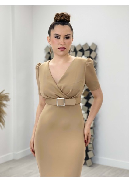 Scuba Kumaş Kemer Detaylı Kalem Elbise - Bej modelleri