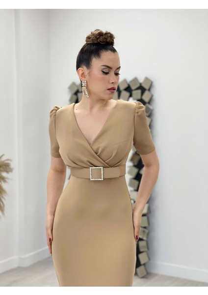 Scuba Kumaş Kemer Detaylı Kalem Elbise - Bej fırsatları
