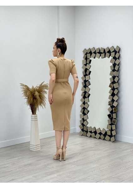 Scuba Kumaş Kemer Detaylı Kalem Elbise - Bej indirimleri