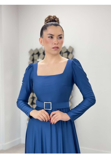 Krep Saten Kumaş Kare Yaka Kiloş Elbise - Indigo Mavi modelleri