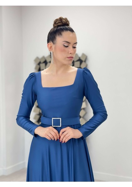 Krep Saten Kumaş Kare Yaka Kiloş Elbise - Indigo Mavi fırsatları