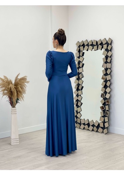 Krep Saten Kumaş Kare Yaka Kiloş Elbise - Indigo Mavi indirimleri