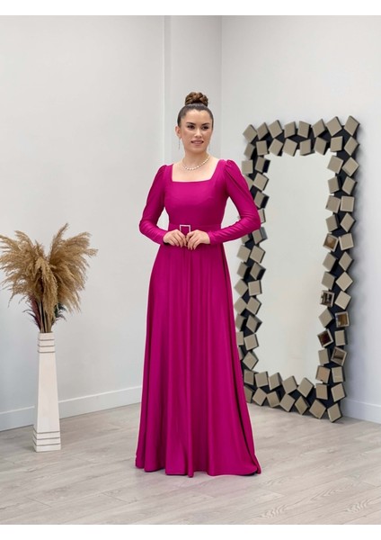 Krep Saten Kumaş Kare Yaka Kiloş Elbise - Mürdüm