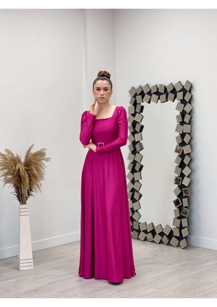 Krep Saten Kumaş Kare Yaka Kiloş Elbise - Mürdüm fiyatları