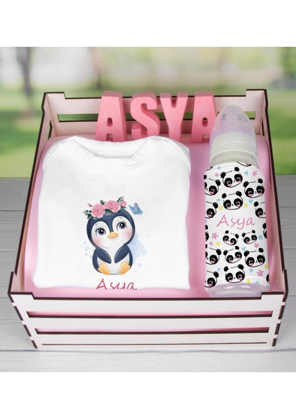 Ahşap Sandıkta Kişiye Özel Zıbın Biberon Ve Taş İsimlik Bebek Seti 109475