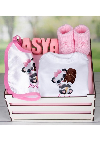 Ahşap Sandıkta Kişiye Özel Zıbın Önlük Taş İsimlik Ve Patik Bebek Seti 109427