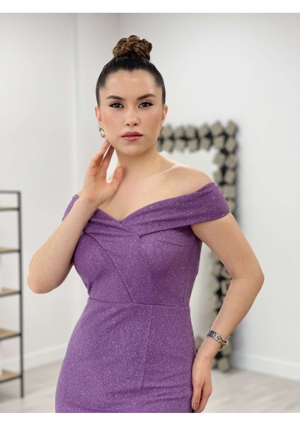 Simli Kumaş Kayık Yaka Elbise - Mor modelleri