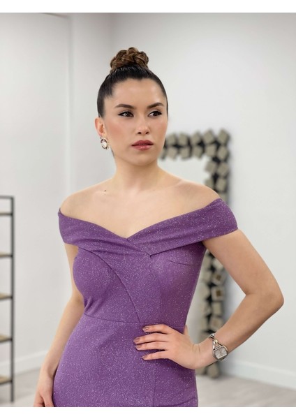 Simli Kumaş Kayık Yaka Elbise - Mor fırsatları