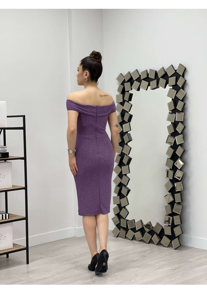 Simli Kumaş Kayık Yaka Elbise - Mor indirimleri