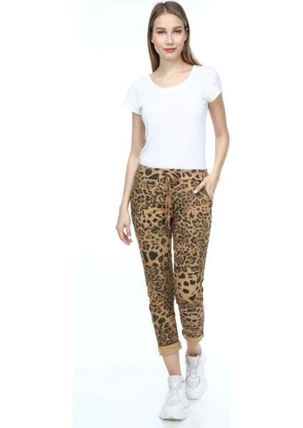 Kadın Hardal Italyan Retro Leopar Desenli Likralı Skinny Pantolon