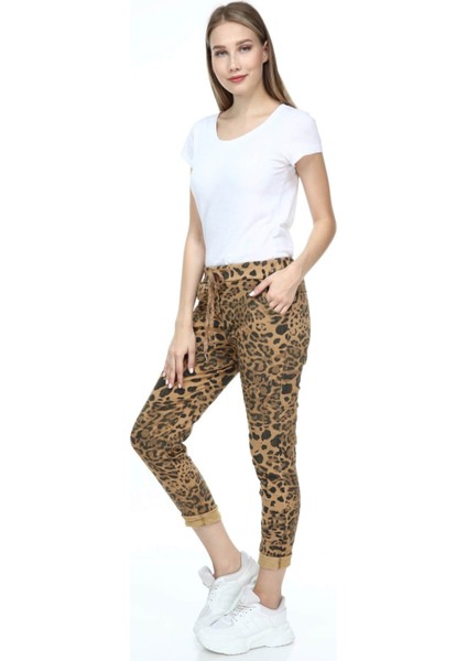 Kadın Hardal Italyan Retro Leopar Desenli Likralı Skinny Pantolon