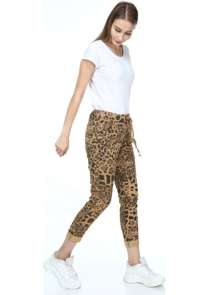 Kadın Hardal Italyan Retro Leopar Desenli Likralı Skinny Pantolon