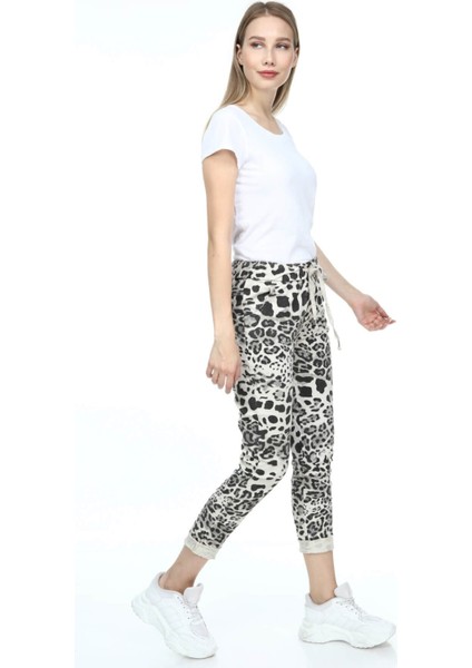 Kadın Beyaz Italyan Retro Leopar Desenli Likralı Skinny Pantolon